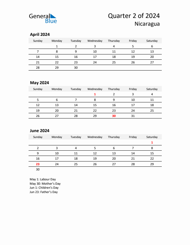 2024 Q2 Three-Month Calendar for Nicaragua