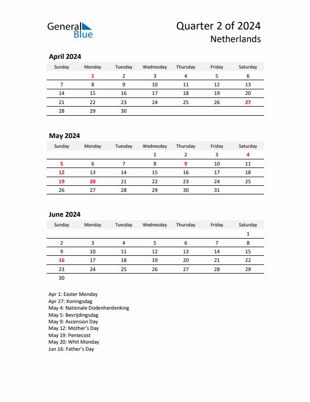 2024 Q2 Three-Month Calendar for The Netherlands