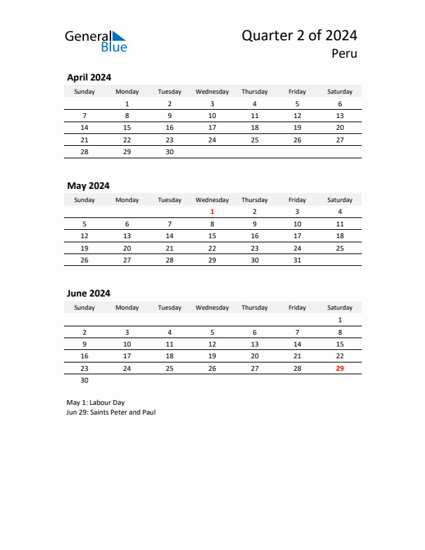 2024 Q2 Three-Month Calendar for Peru