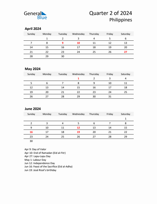 2024 Q2 Three-Month Calendar for Philippines