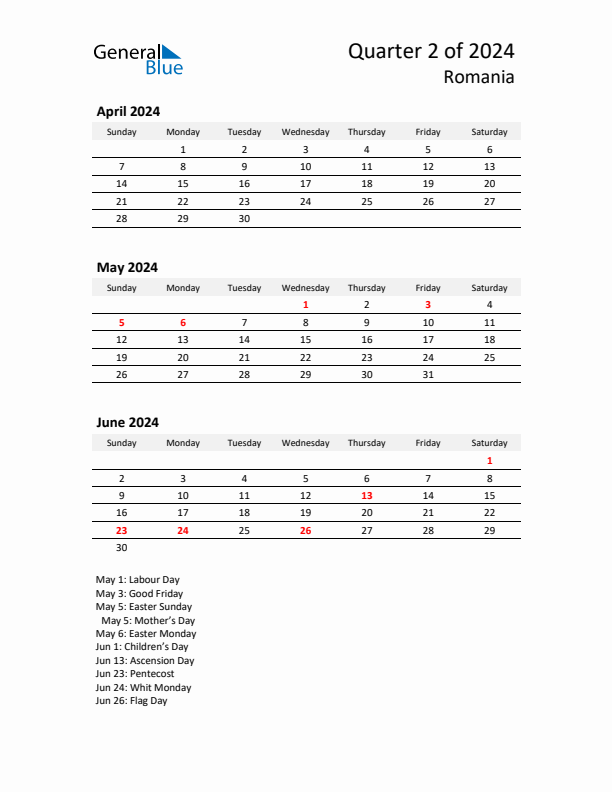 2024 Q2 Three-Month Calendar for Romania