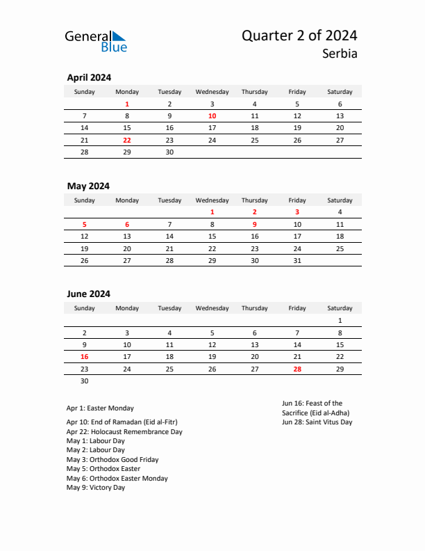 2024 Q2 Three-Month Calendar for Serbia