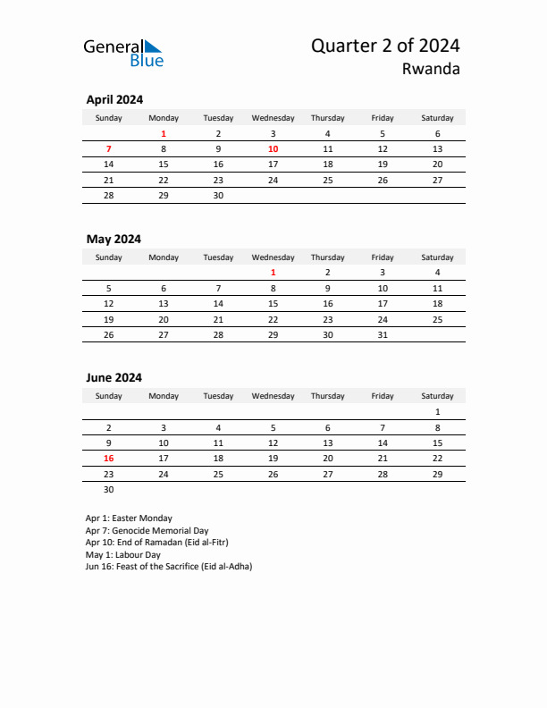 2024 Q2 Three-Month Calendar for Rwanda