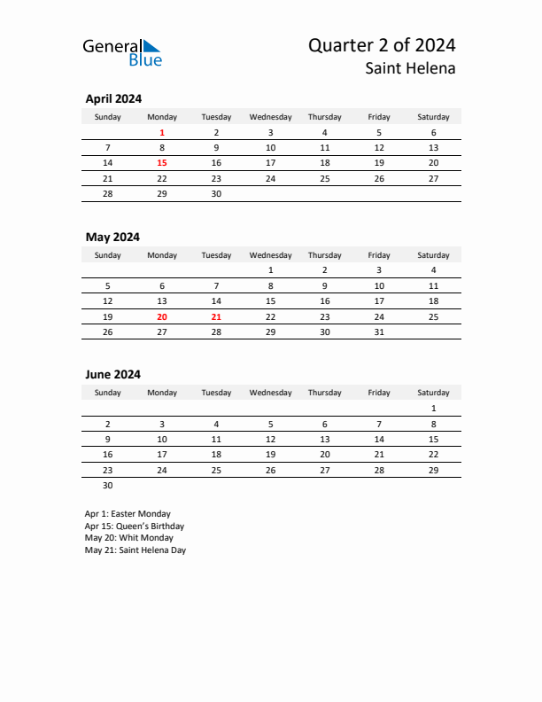 2024 Q2 Three-Month Calendar for Saint Helena