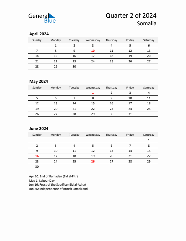 2024 Q2 Three-Month Calendar for Somalia