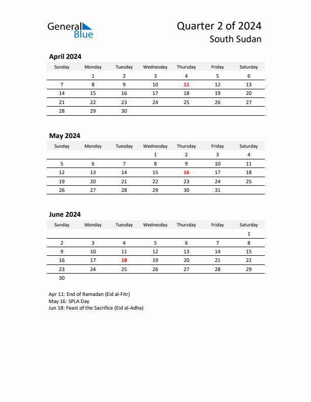 2024 Q2 Three-Month Calendar for South Sudan