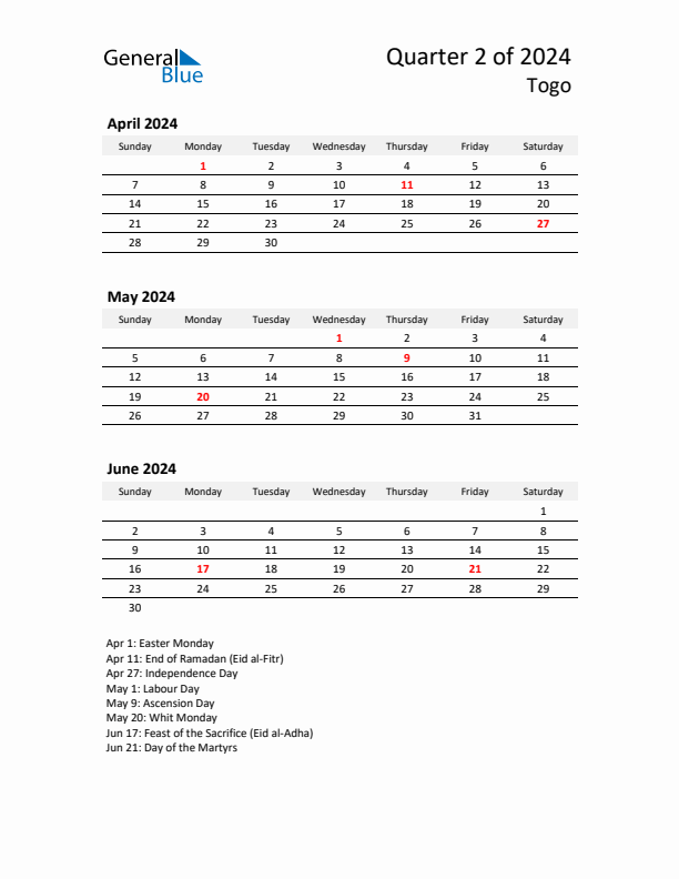 2024 Q2 Three-Month Calendar for Togo