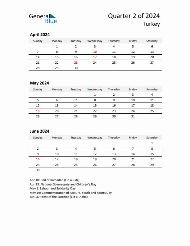 2024 Q2 Three-Month Calendar for Turkey