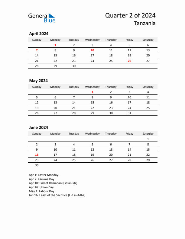 2024 Q2 Three-Month Calendar for Tanzania