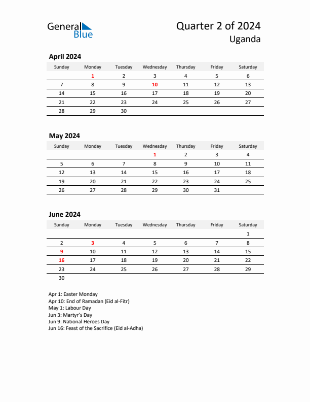 2024 Q2 Three-Month Calendar for Uganda