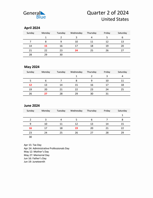 2024 Q2 Three-Month Calendar for United States