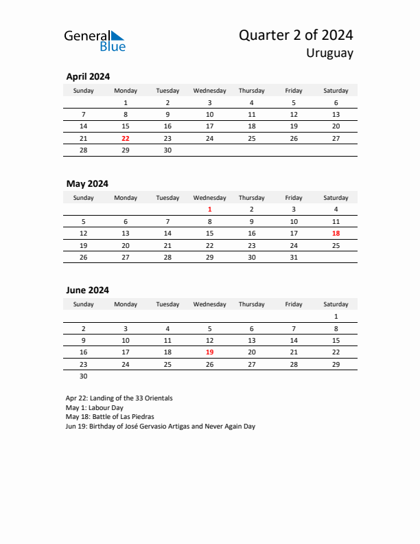 2024 Q2 Three-Month Calendar for Uruguay