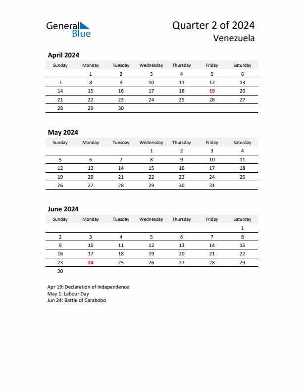 2024 Q2 Three-Month Calendar for Venezuela