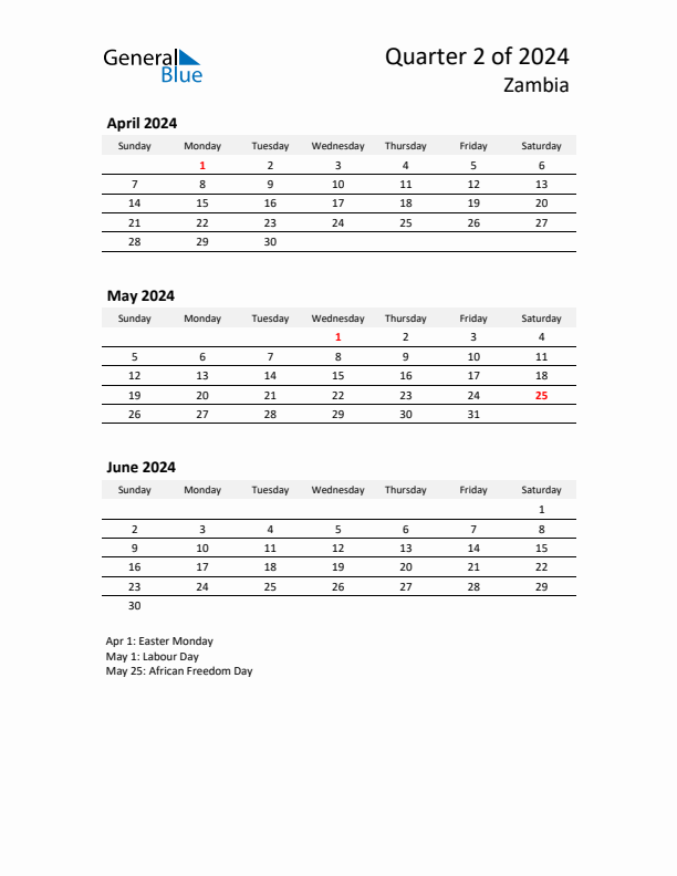 2024 Q2 Three-Month Calendar for Zambia