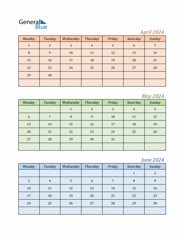 Three-Month Calendar for Year 2024 (April, May, and June)