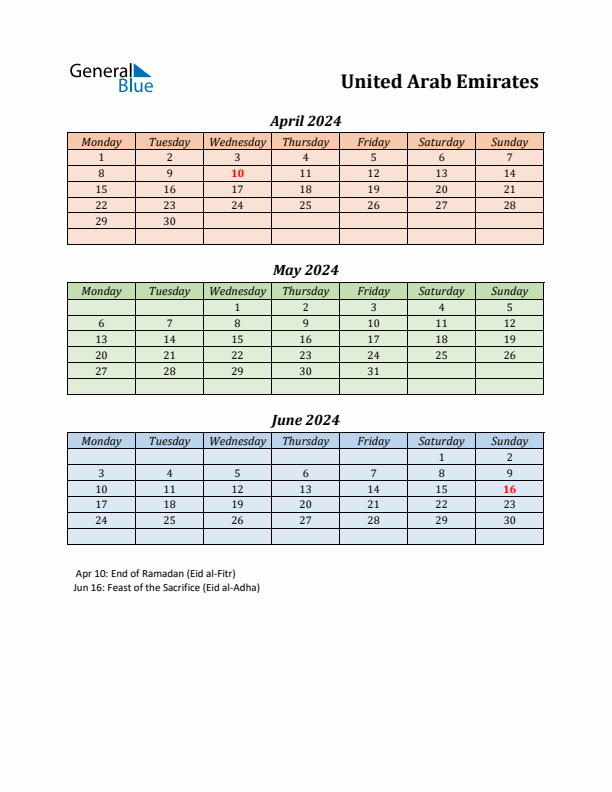 Q2 2024 Holiday Calendar - United Arab Emirates