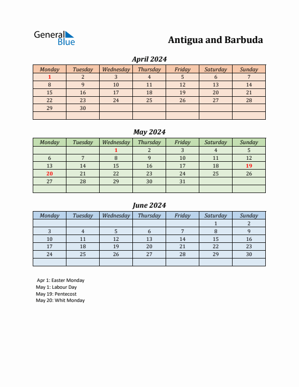 Q2 2024 Holiday Calendar - Antigua and Barbuda