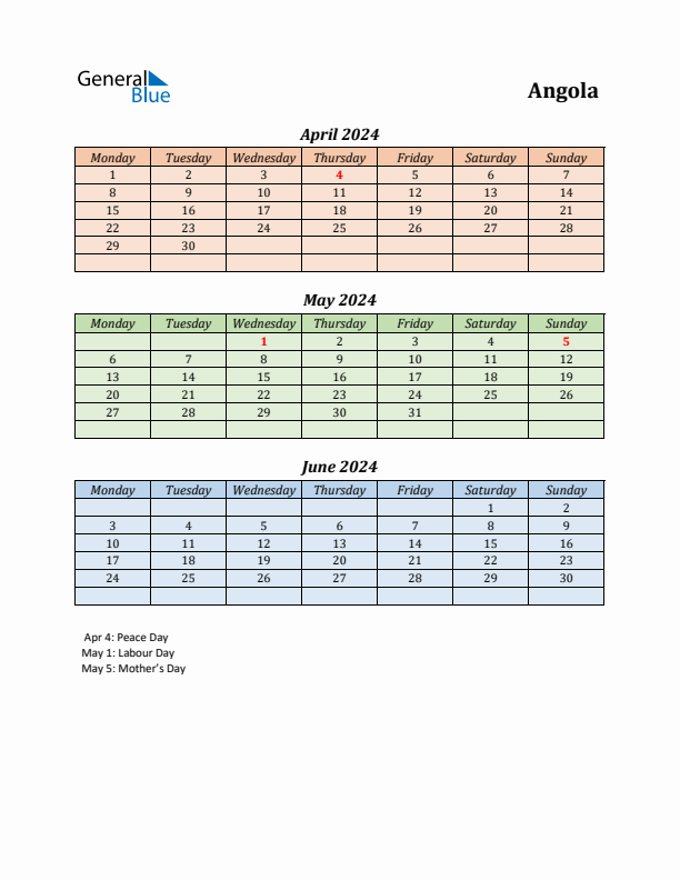 Q2 2024 Holiday Calendar - Angola