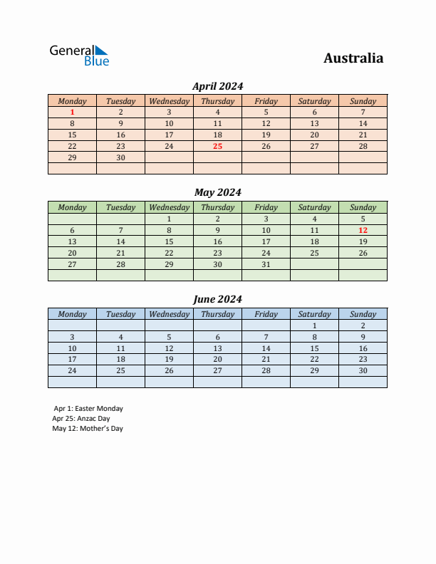 Q2 2024 Holiday Calendar - Australia