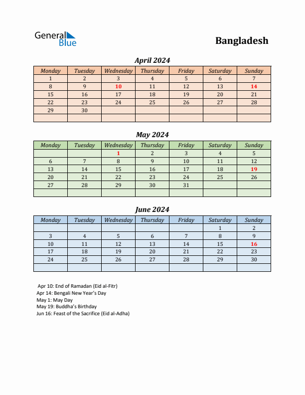 Q2 2024 Holiday Calendar - Bangladesh