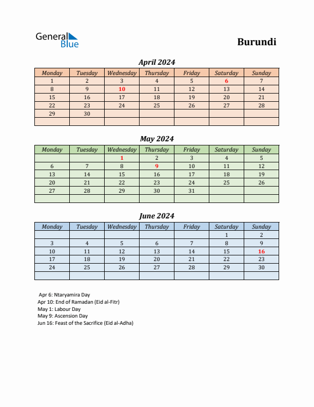 Q2 2024 Holiday Calendar - Burundi