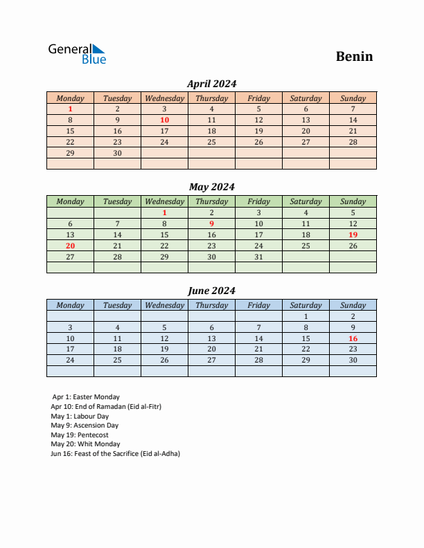 Q2 2024 Holiday Calendar - Benin