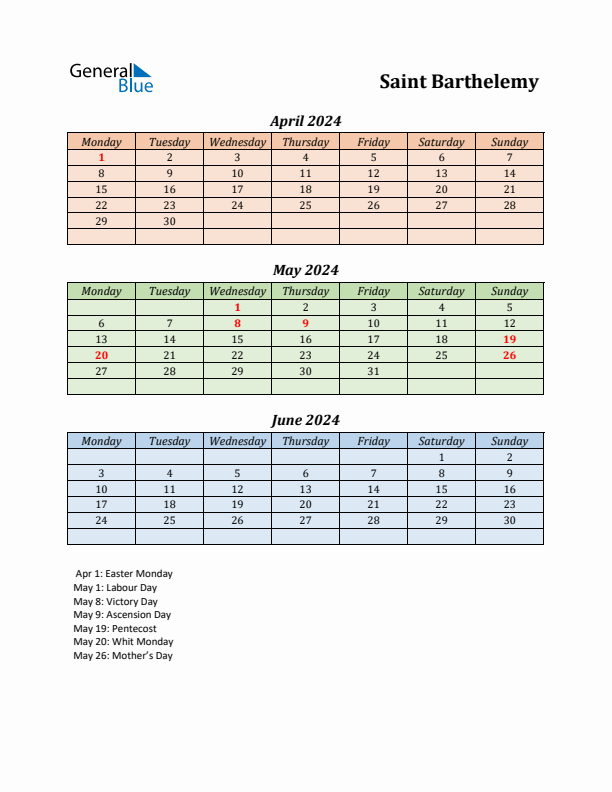 Q2 2024 Holiday Calendar - Saint Barthelemy