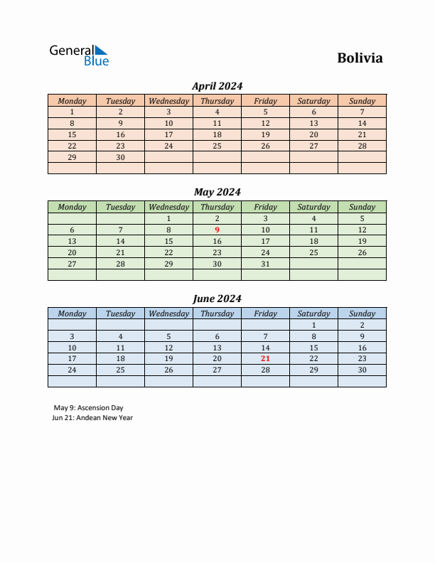 Q2 2024 Holiday Calendar - Bolivia