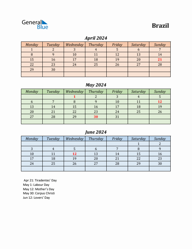 Q2 2024 Holiday Calendar - Brazil