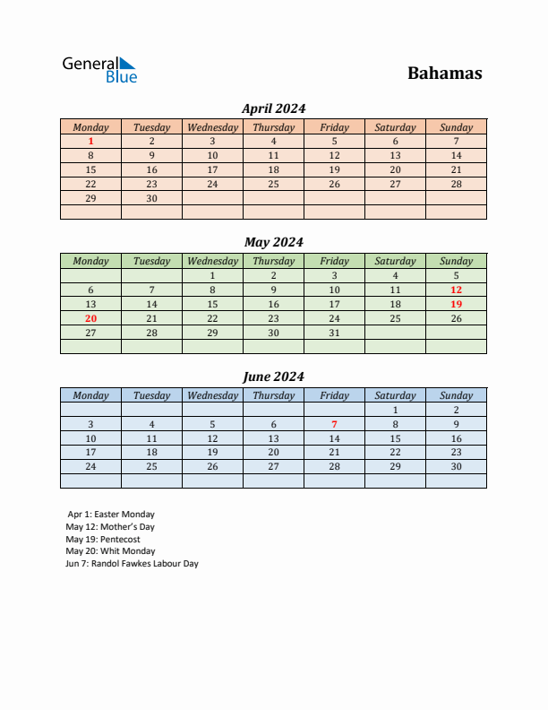 Q2 2024 Holiday Calendar - Bahamas