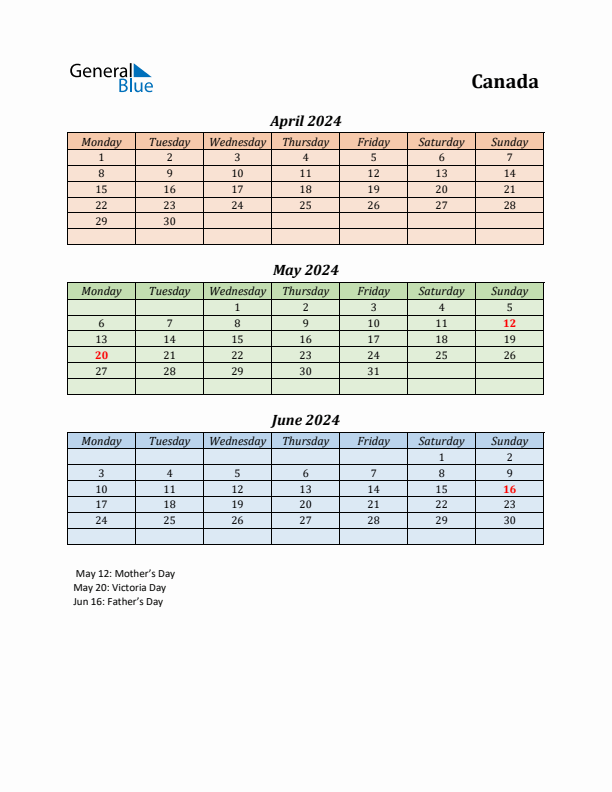 Q2 2024 Holiday Calendar - Canada