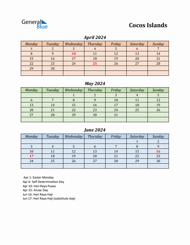 Q2 2024 Holiday Calendar - Cocos Islands