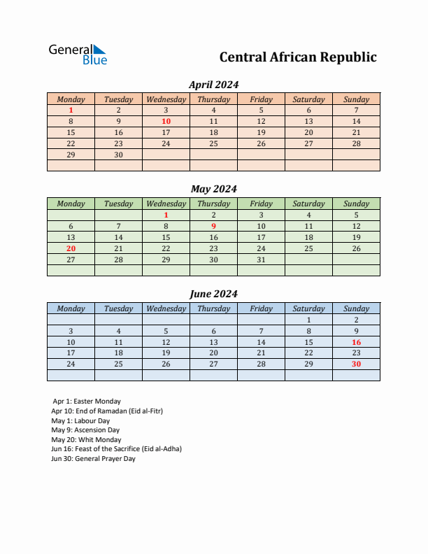 Q2 2024 Holiday Calendar - Central African Republic