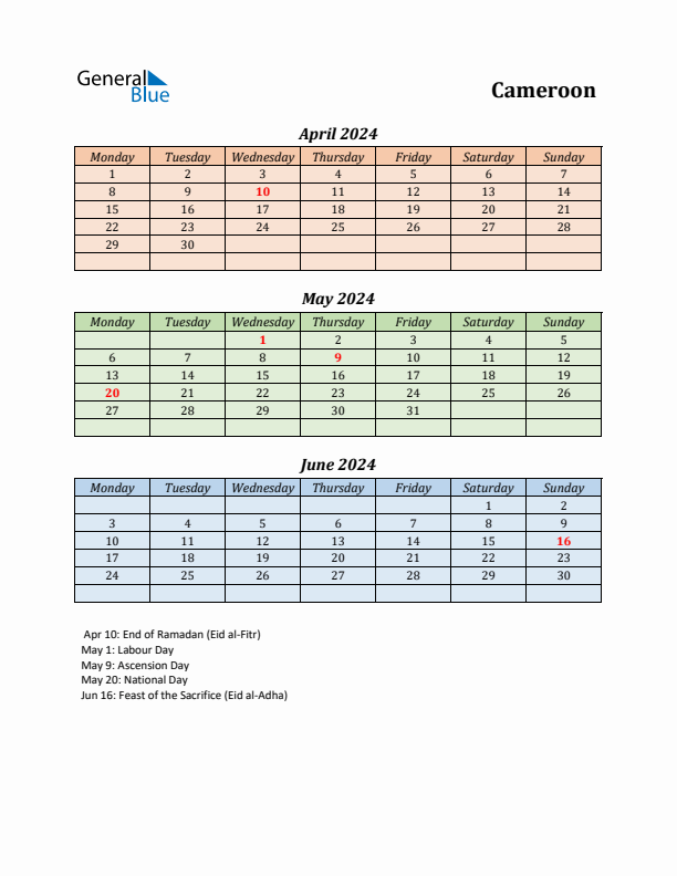 Q2 2024 Holiday Calendar - Cameroon