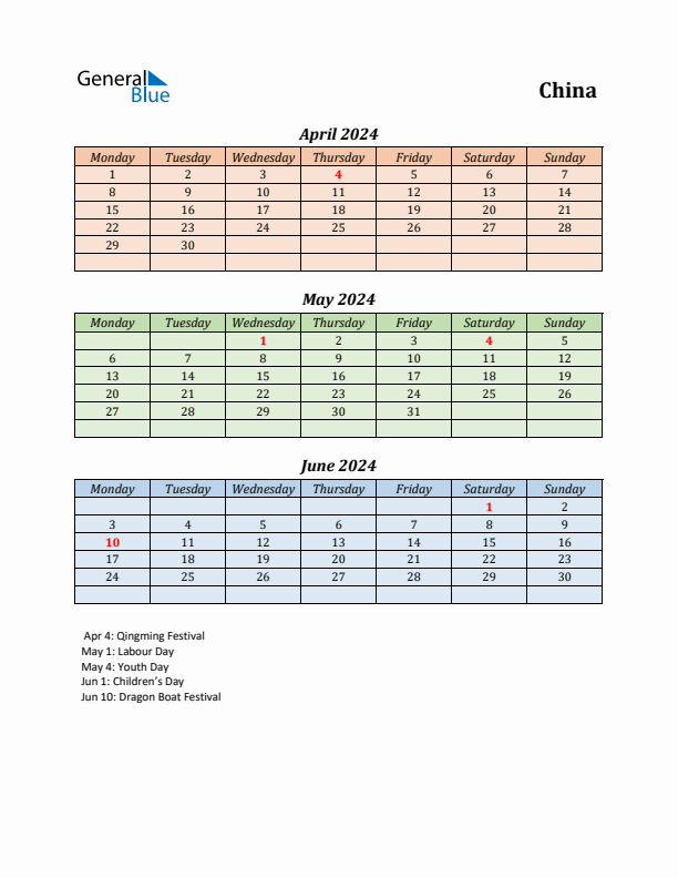 Q2 2024 Holiday Calendar - China