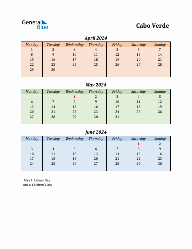 Q2 2024 Holiday Calendar - Cabo Verde