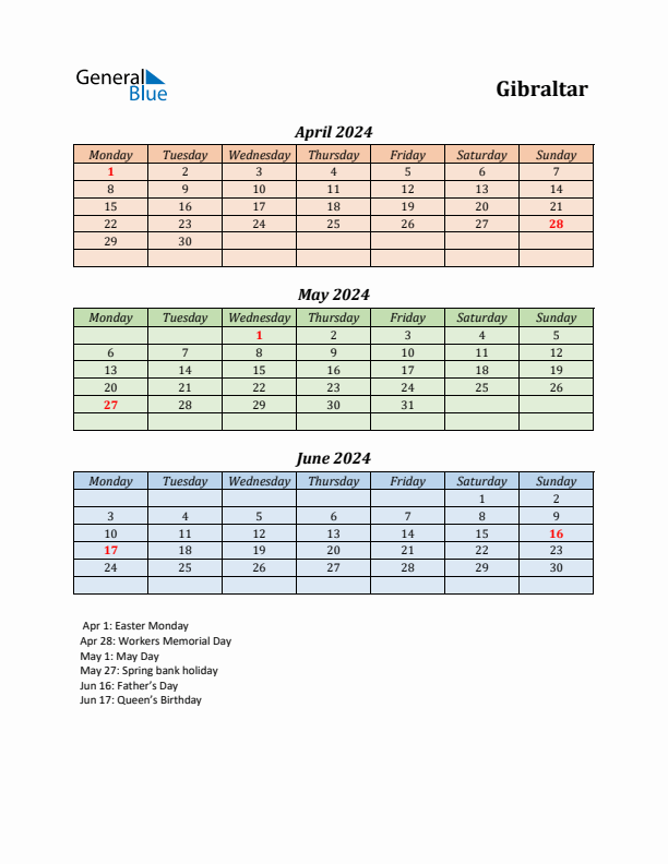 Q2 2024 Holiday Calendar - Gibraltar