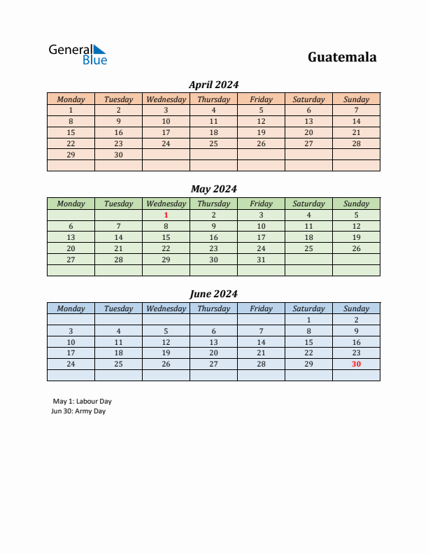 Q2 2024 Holiday Calendar - Guatemala