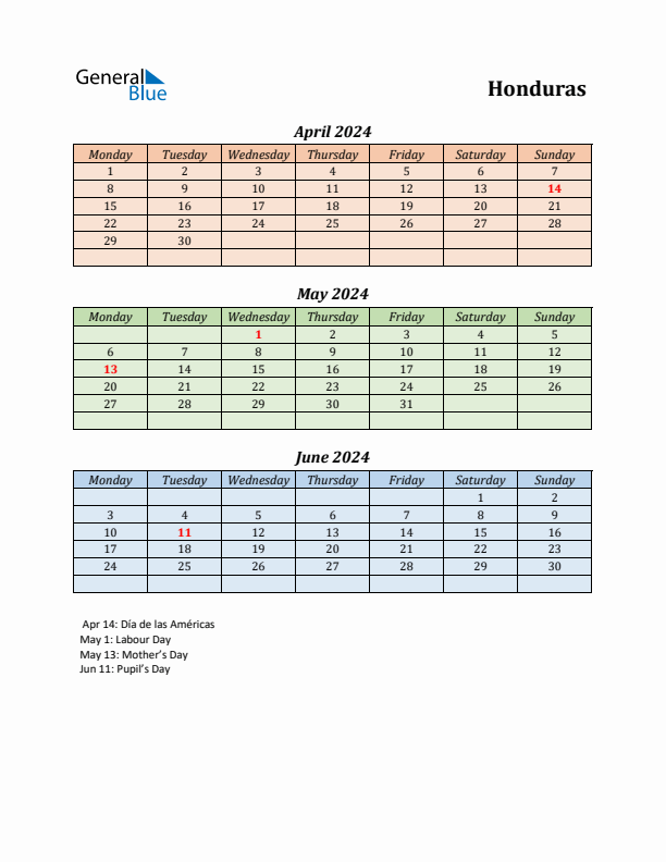 Q2 2024 Holiday Calendar - Honduras