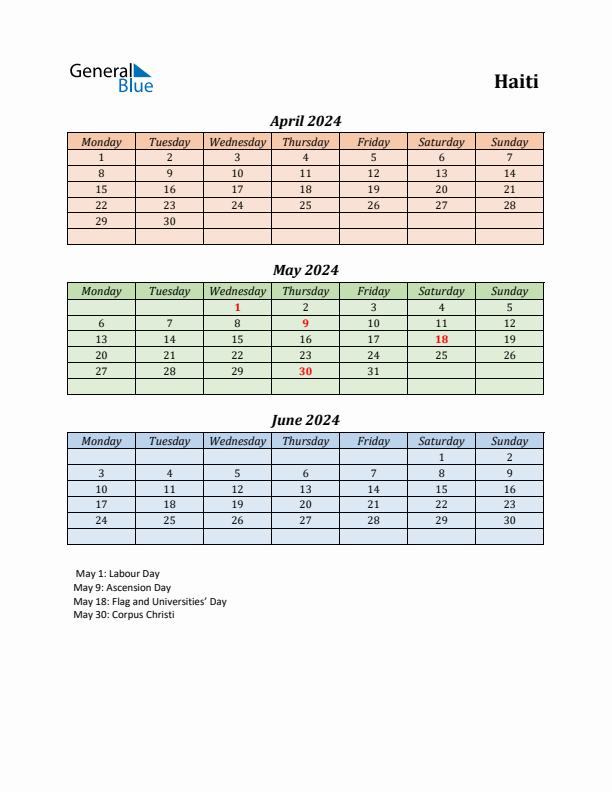 Q2 2024 Holiday Calendar - Haiti