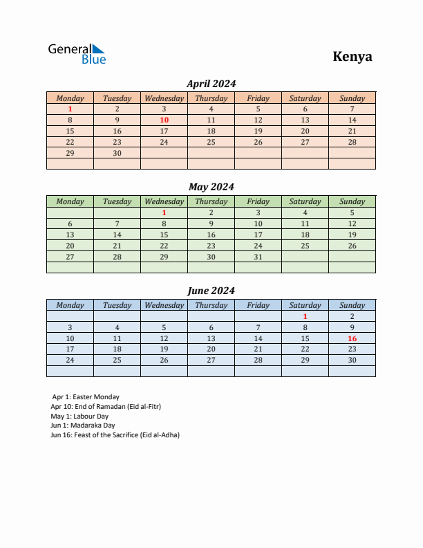 Q2 2024 Holiday Calendar - Kenya