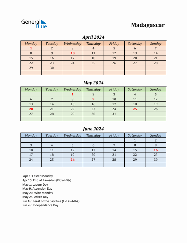 Q2 2024 Holiday Calendar - Madagascar