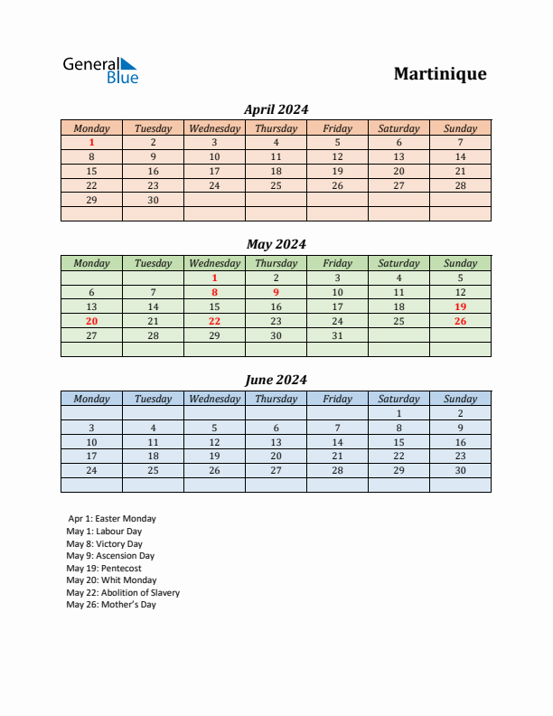 Q2 2024 Holiday Calendar - Martinique