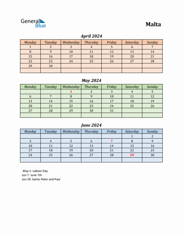 Q2 2024 Holiday Calendar - Malta