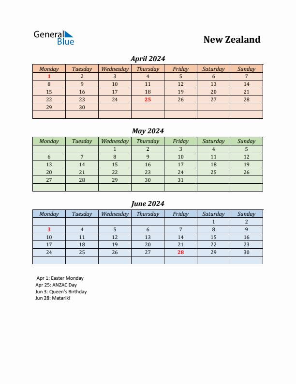 Q2 2024 Holiday Calendar - New Zealand