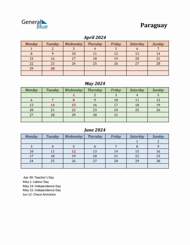 Q2 2024 Holiday Calendar - Paraguay