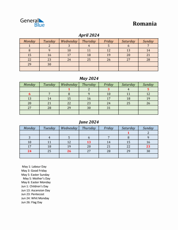 Q2 2024 Holiday Calendar - Romania