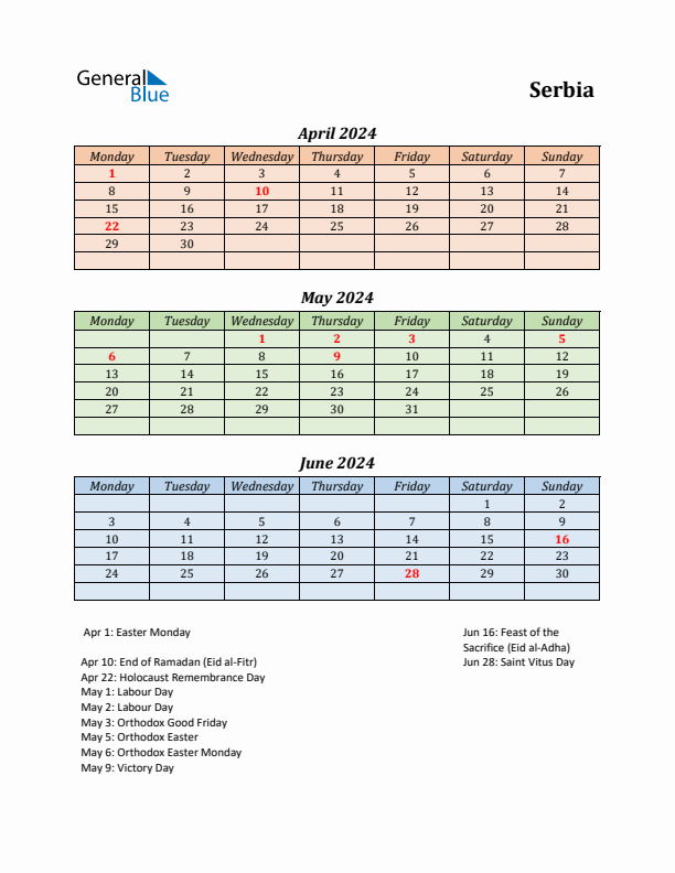 Q2 2024 Holiday Calendar - Serbia