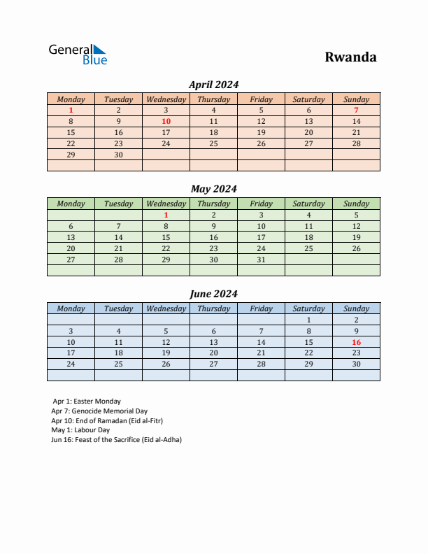 Q2 2024 Holiday Calendar - Rwanda