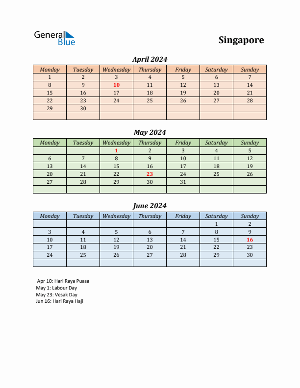 Q2 2024 Holiday Calendar - Singapore